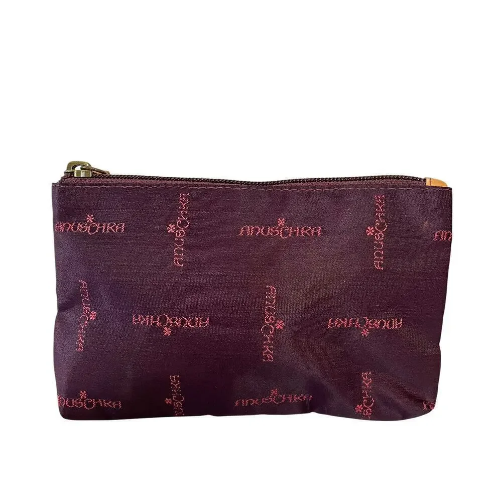 Anuschka Wine Red Jacquard Weave Satin Zip Top Pouch Bag Makeup Case Coin Purse